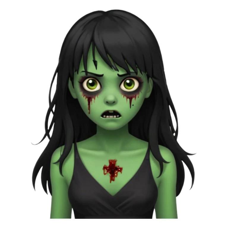 faça uma garota na forma de zumbi com a pele verde, assustada e com os olhos pretos escuros, com o cabelo preto longo e com franja e a roupa decotada preta sticker