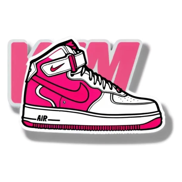 a pink and white nike air force one shoe WITH AN M sticker