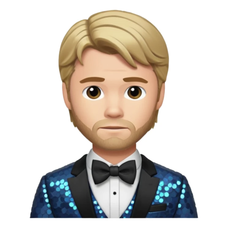 Chris Hemsworth with dark blonde hair, slate sequin suit with bow tie sticker