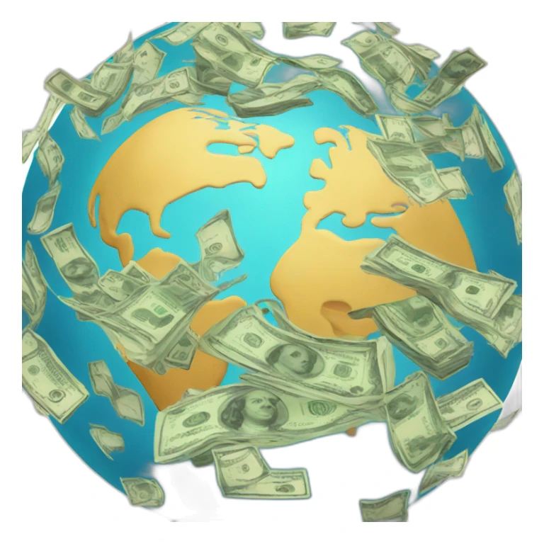 Planet with lines from many continents to eachother, surrounded by cash money sticker
