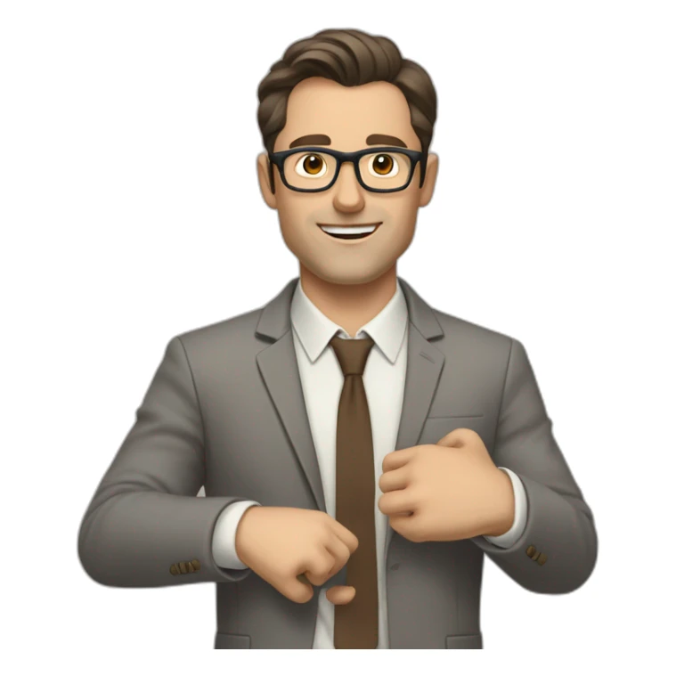 To belt Actively gesturing with hands Pale skinned fit man with dark brown hair in gray jacket, beige office shirt, brown tie, brown pants and vintage glasses. sticker