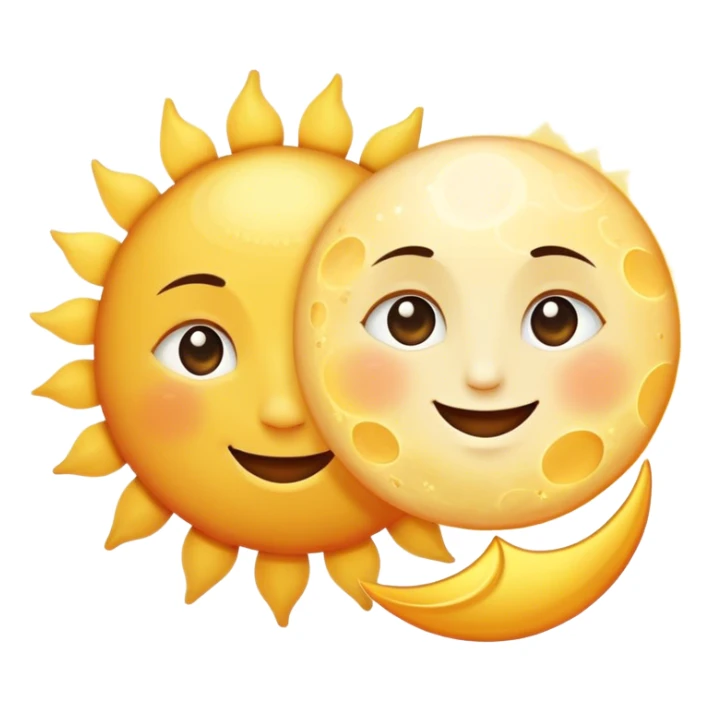 a really bright  big sun and a small moon who shines because of it. the sun is bigger and the tiny \moon bright too beside it smiling looking at each other sticker