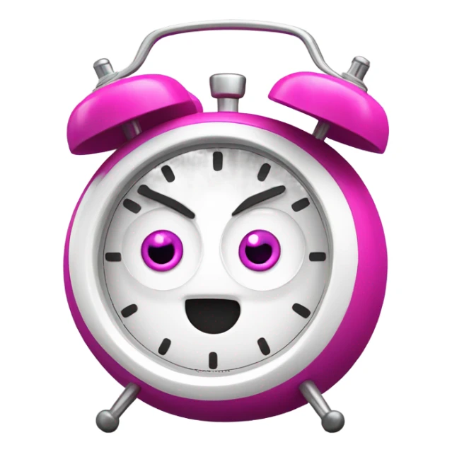 A fucsia alarm clock with eyes and a white dial for a face sticker