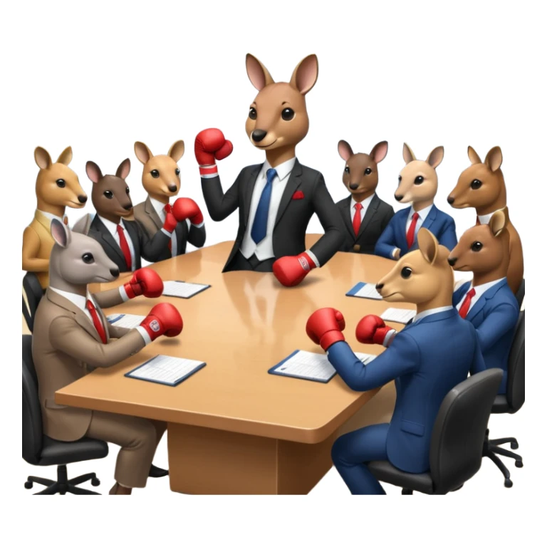 Kangaroo with boxing gloves sitting at a conference table with 7 other people sticker