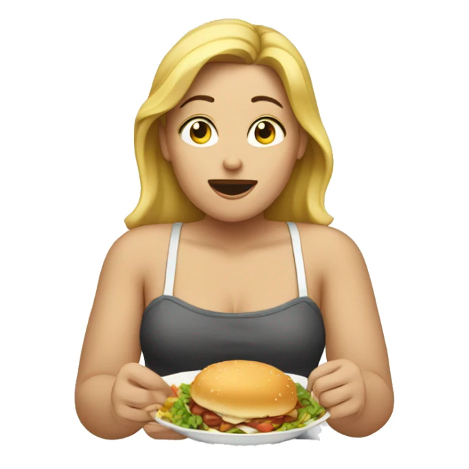 Woman eating food with a fat back sticker