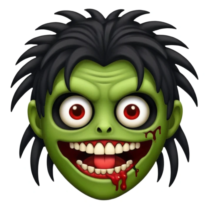 Un emojin de zumbi com cabelo comprido preto e franja sticker