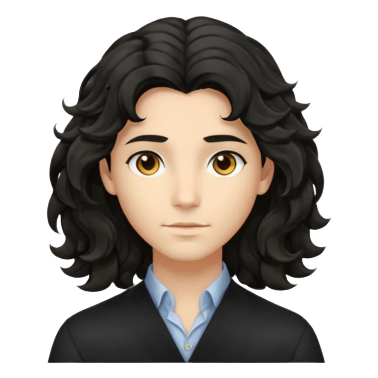 his avatar has shoulder-length black wavy hair with loose curls framing the face, and a long, pointed face with golden-brown eyes and a calm, neutral expression. sticker