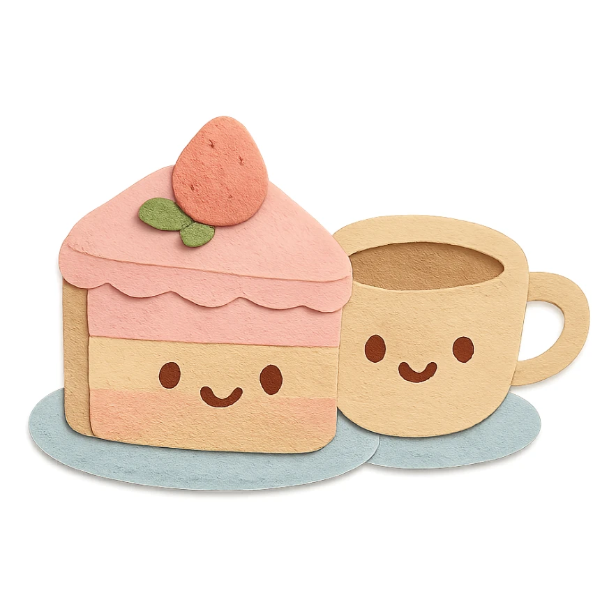 small hand-drawn cake with coffee cup beside, soft pastel kawaii style sticker