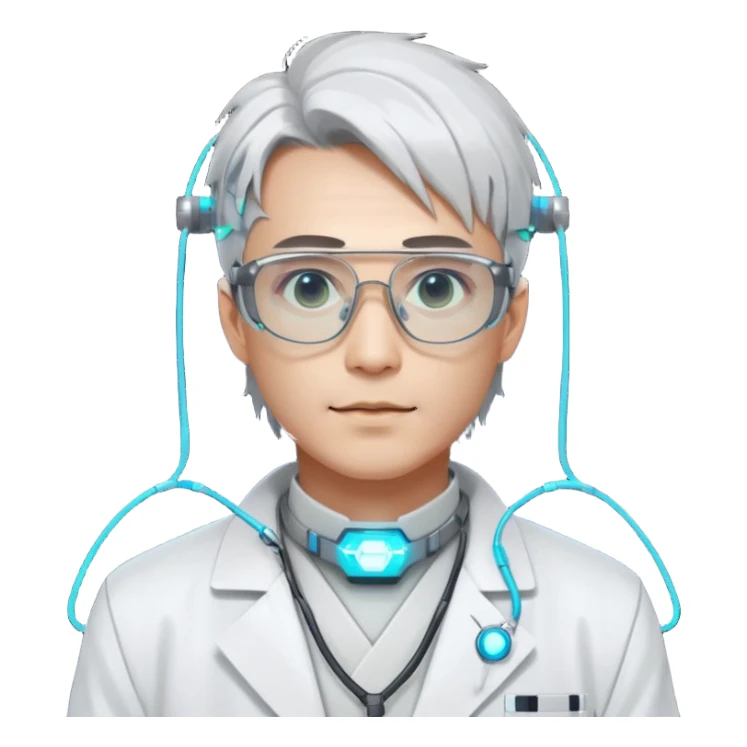 Cyberpunk scientist, Japanese male, high-tech glasses, glowing data reflection on lenses, lab coat collar, neural interface on temple, white neon lighting sticker
