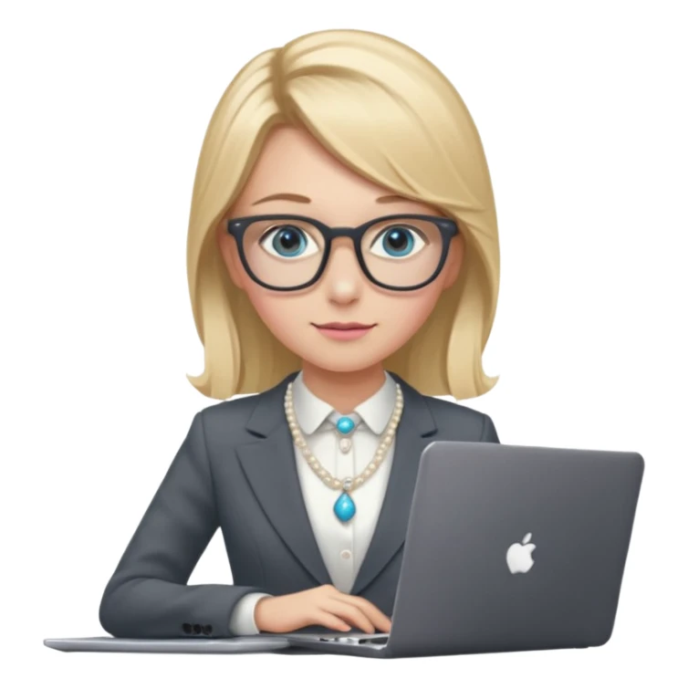 Please take the girl with laptop emoji and make her glassess light brown, her eyes ocean blue and her nose a bit smaller and pointier and she has blonde very long hair and a dark grey suit and pearls necklace, and has a laptop in fron of her and a tiny pink bow on the left side of her head sticker