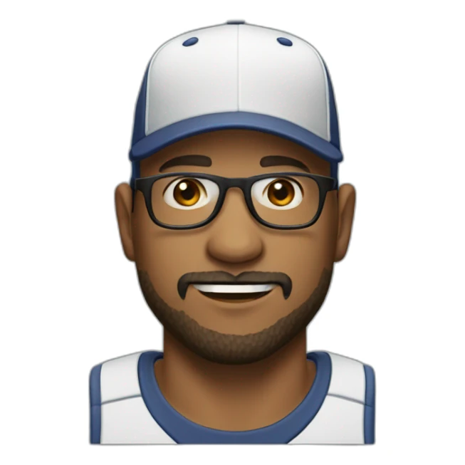 Man with baseball cap, square glasses, bald and short beard in mid 30s sticker