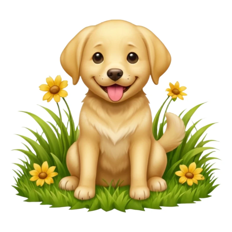 A yellow Labrador Retriever sitting on a grassy field, smiling with its tongue out under bright sunlight. Realistic lighting, outdoor park setting, friendly expression, high detail. sticker