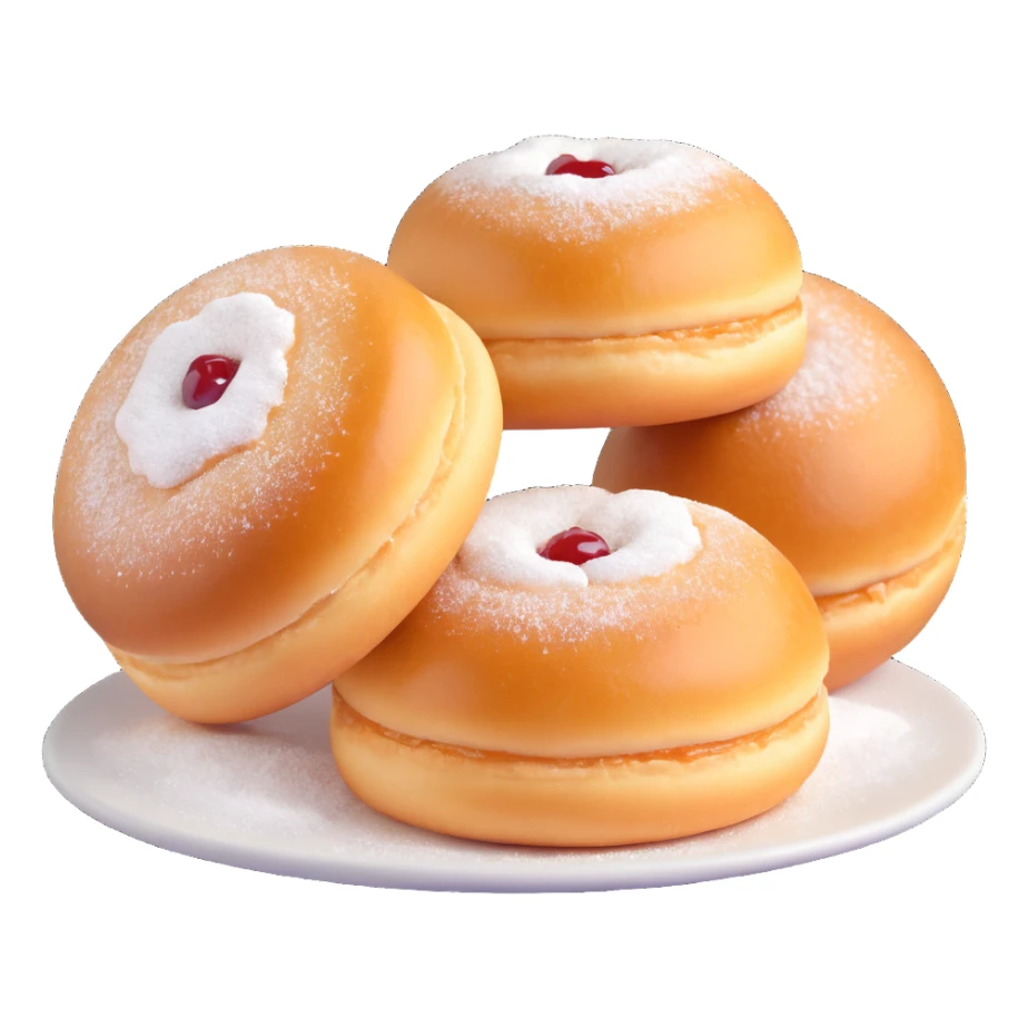 Berliner Krapfen, round, golden-brown, no hole, dusted with powdered sugar, visible jam filling sticker