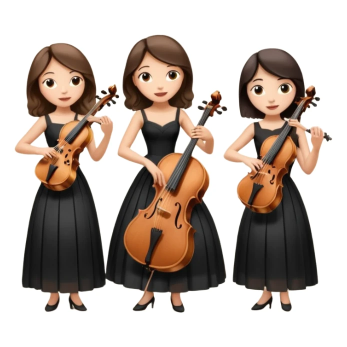 Create an imagine of three brunette women playing string instruments in black dresses, the first is playing a cello, the second is playing a viola and the third is playing the violin sticker