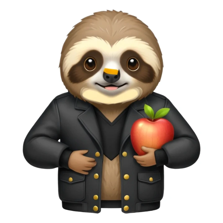 a very technical and business savvy sloth with light gray fur, wearing a black jacket labeled 'The Mill', apple animal emoji style sticker