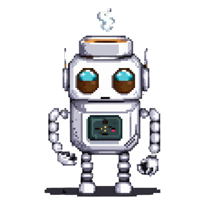 A sleepy robot with droopy eyes holding a coffee mug, looking exhausted sticker