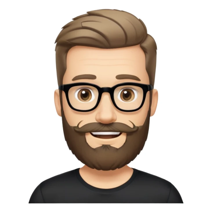 Caucasian man with complete beard, short hair styled up, large black eyeglasses, cheerful expression, black athletic shirt sticker