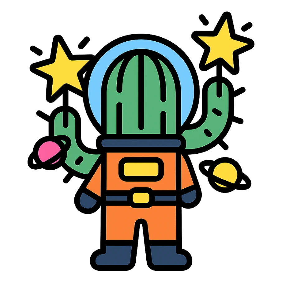 A spacesuit-wearing cactus blooming neon stars instead of flowers, with mini planets on its prickles sticker