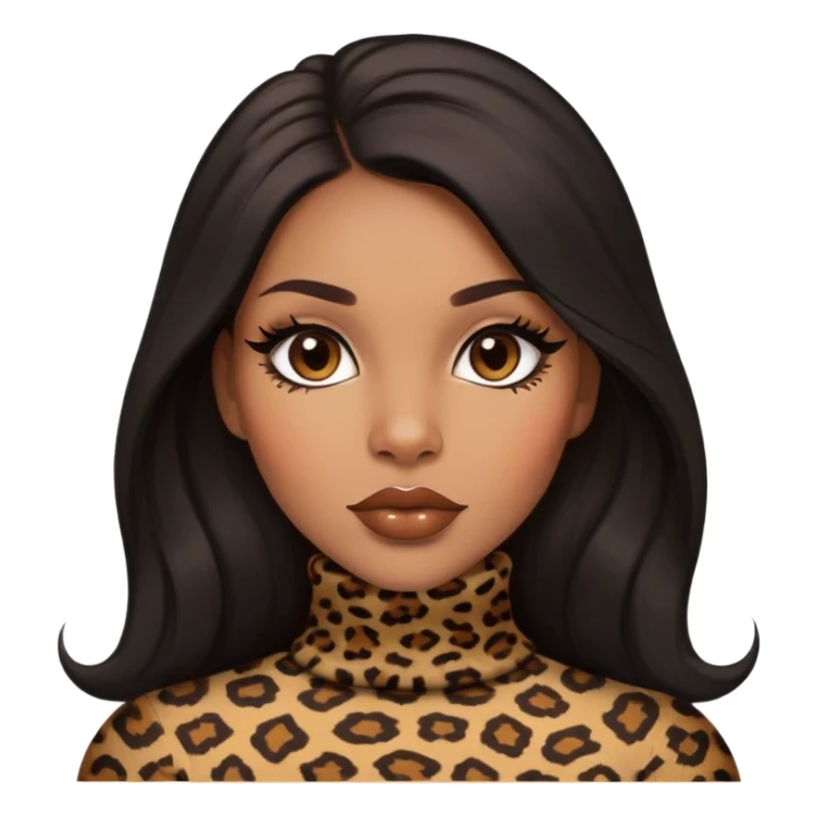 light brown skin tone, very beautiful woman, with big plump lips, long long lashes, black straight long hair, brown eyes, leopard turtle neck sticker