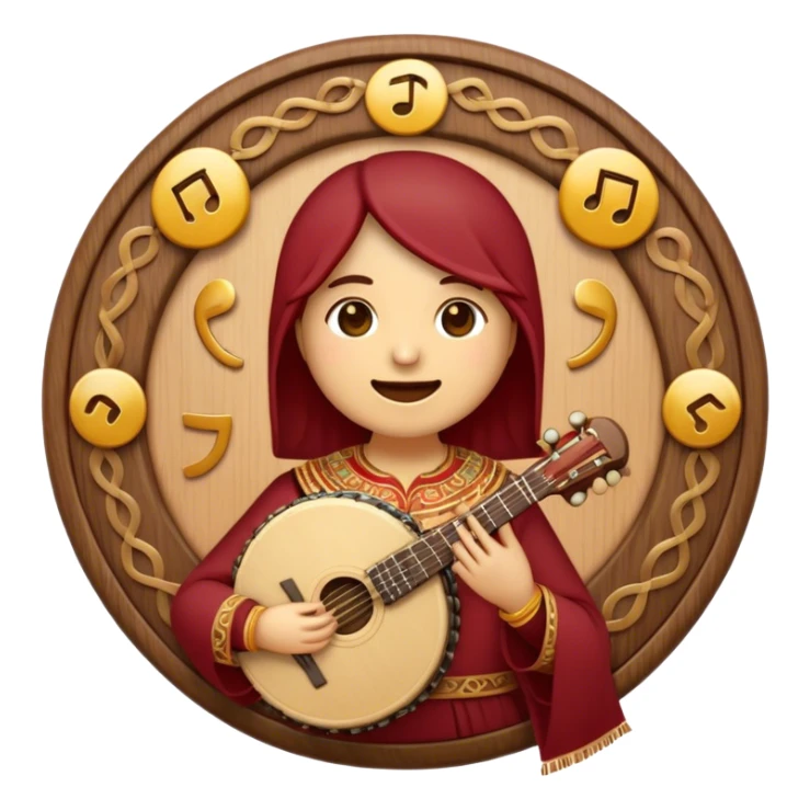 Create a warm and authentic emoji representing folk singing. The design should feature a traditional folk microphone at the center, surrounded by classic instruments such as a bayan (button accordion), gusli (a traditional Russian zither), and a tambourine. Arrange these instruments in a harmonious, circular pattern to evoke a sense of folk music and community performance. Use natural, earthy colors like wood brown, deep red, and golden accents to reflect the rustic and heartfelt spirit of folk music. Add subtle musical notes to the background to convey the rhythm and harmony of the performance. The background should be transparent. sticker