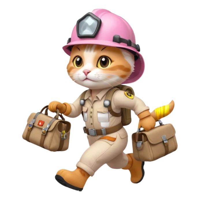 A cute white and pink cat dressed as engineer with a helmet running fast with smoke under her feets carrying her bag sticker