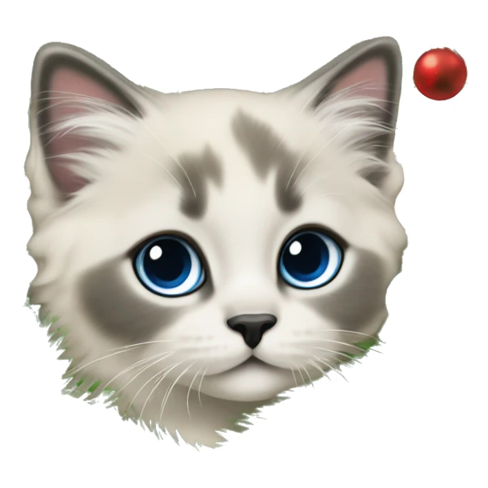 Blue colorpoint ragdoll kitten with dark nose climbing a Christmas tree sticker