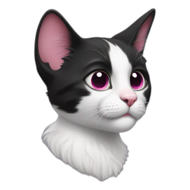 young black and white cat walking profile with round eyes, a pink nose, the white fur on his face only goes under the eyes to the bottom of his face, whispy tips on ears sticker