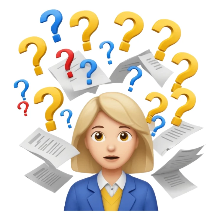 A kindergardenteacher with an overwhelmed expression, surrounded by flying papers and three question marks. sticker