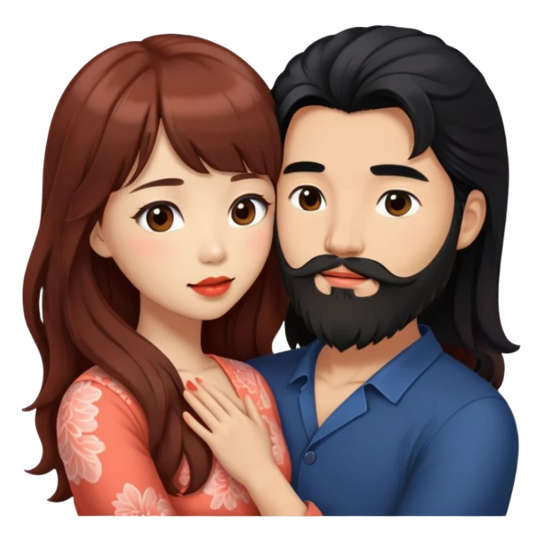 handsome mysterious asian man with long black hair and beard, hugging cute tan skin woman with long wavy reddish brown hair with bangs and coral lipstick sticker