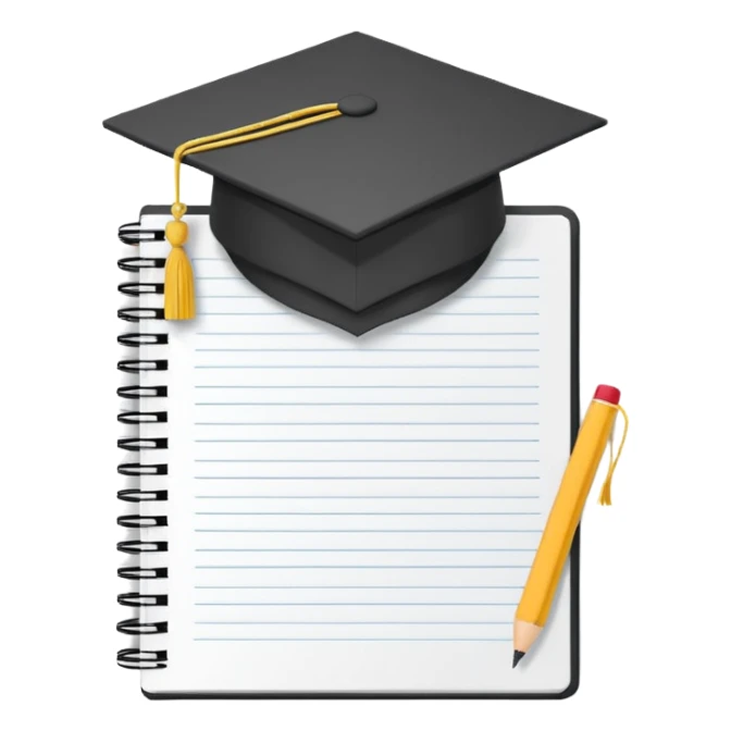 Front-facing school notebook with a small graduation cap on top, minimal line-art, clean modern style, straight angle, simple outlines, slightly 3D, no background, transparent, represents “school / sixth form / Year 13 sticker