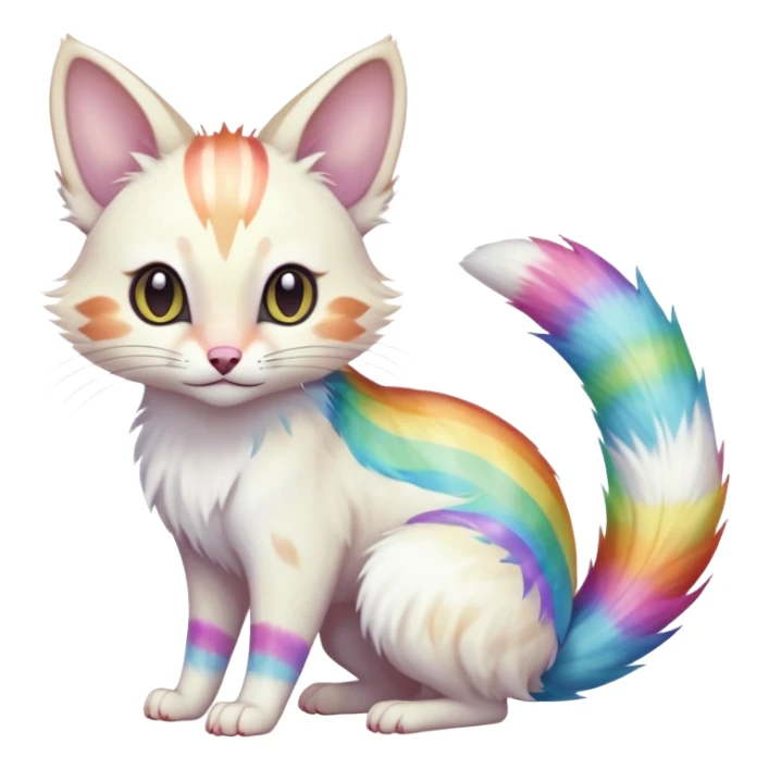  cute adorable white albino fur with random colorful iridescent rainbow markings beautiful elegant pretty precious cute  Fakémon-Pokémon-opossum-feline-serval-caracal-chinchilla-Minccino-hybrid-creature with a big fluffy bushy striped tail (full body) sticker