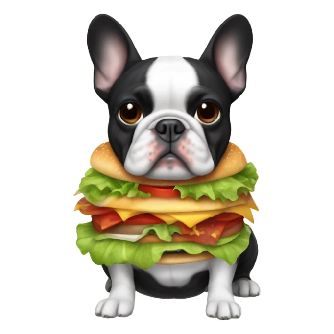 Black and white faced Frenchie wearing a burger costume sticker