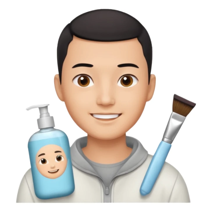 try different skincare products for chinese man with buzz cut (short black hair) doing skincare sticker