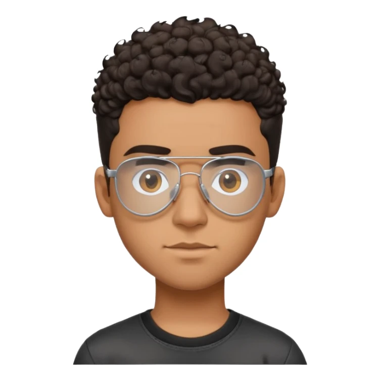 Young Latino with big forehead, metal-framed aviator glasses, very short curly dark hair on top with shaved sides, neutral expression, brown skin, black t-shirt sticker