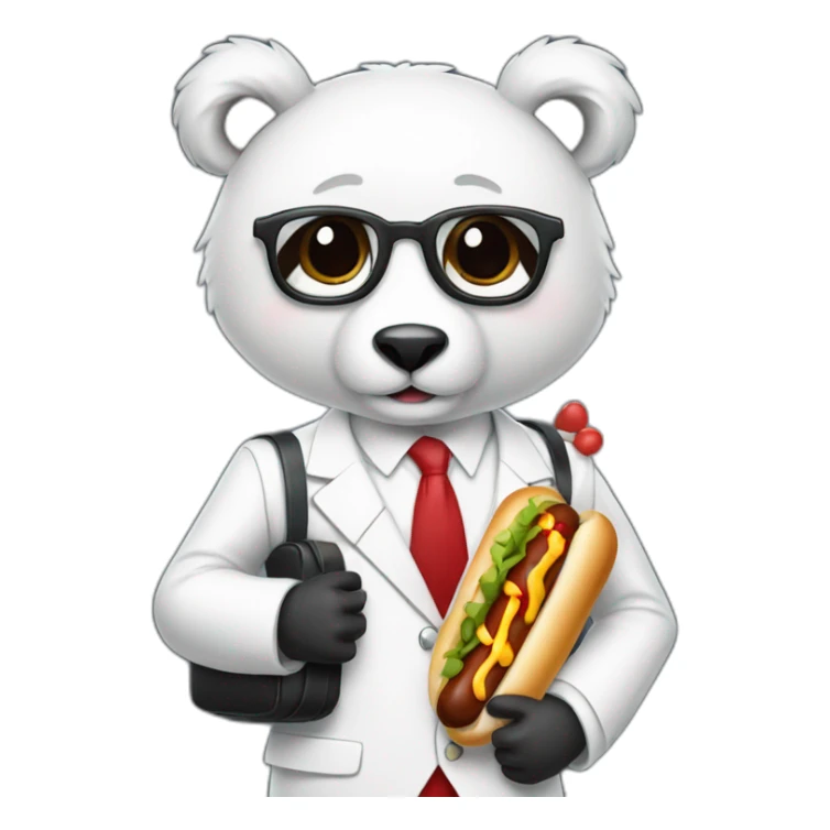 A professor with white suit and red tie and a panda face eating a hotdog and holding a black suitcase sticker