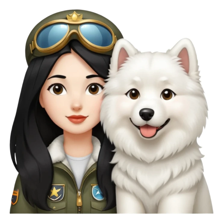 a aviatic girl with long black  hair and a samoyed sticker