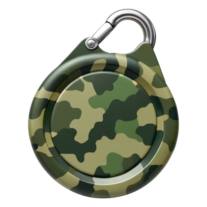 Minimal JBL Clip 4 with proper circular form, carabiner clip, green camouflage, and JBL branding visible, iOS emoji style sticker
