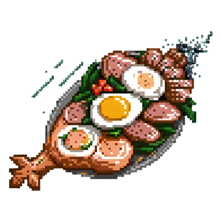 Pixel art protein explosion with chicken breast, steak, salmon, and egg shooting upward from bottom, with sparkle effects, DNA pixel animations around them, and simplified muscle figure outline in background sticker