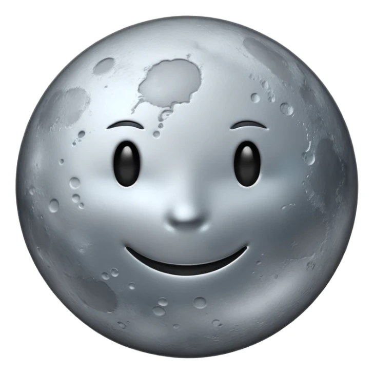 Polished silver moon emoji, chrome metallic texture, iOS emoji style, soft glow, smooth reflections, minimalistic design sticker