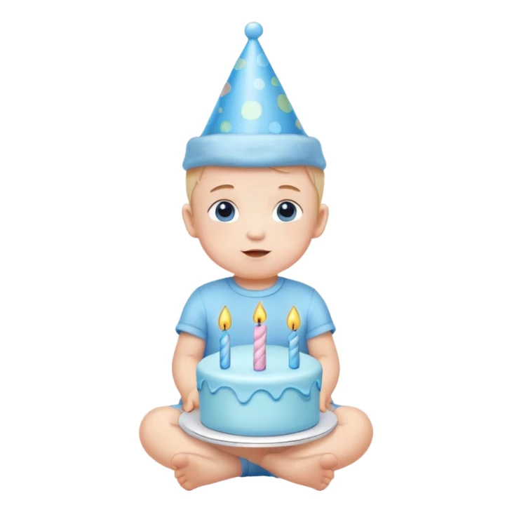 cute baby boy with pastel blue birthday hat and blue cake sticker