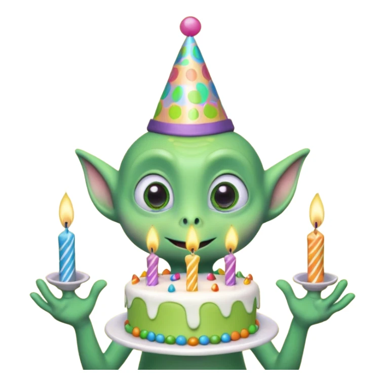 A cute friendly alien holding a birthday cake with candles, big expressive eyes, bright colors, cartoon style, playful atmosphere, 3D animated look, Pixar-inspired, highly detailed
 sticker