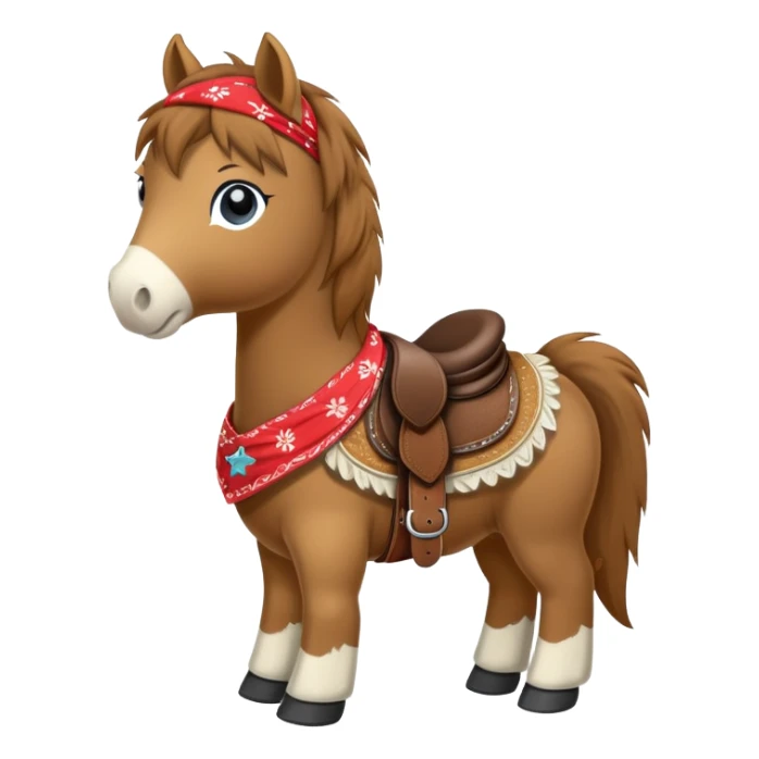 A brown plush pony with a western saddle and bandana sticker