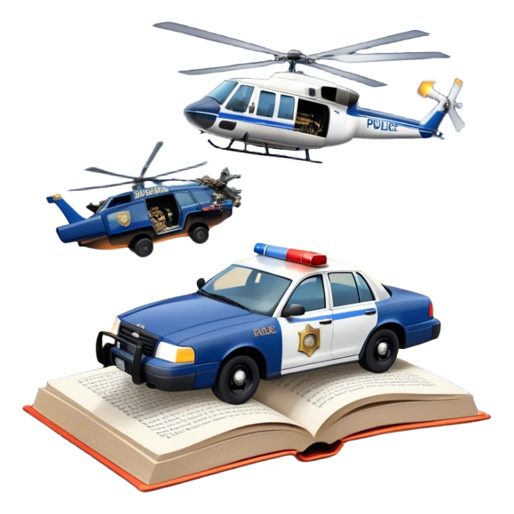 Icon for Action & Crime Reading: an open book with text, from which a police car is driving out along the pages, with explosions behind, a helicopter flying overhead, and a pistol with ammo and grenades in front. Transparent background. sticker