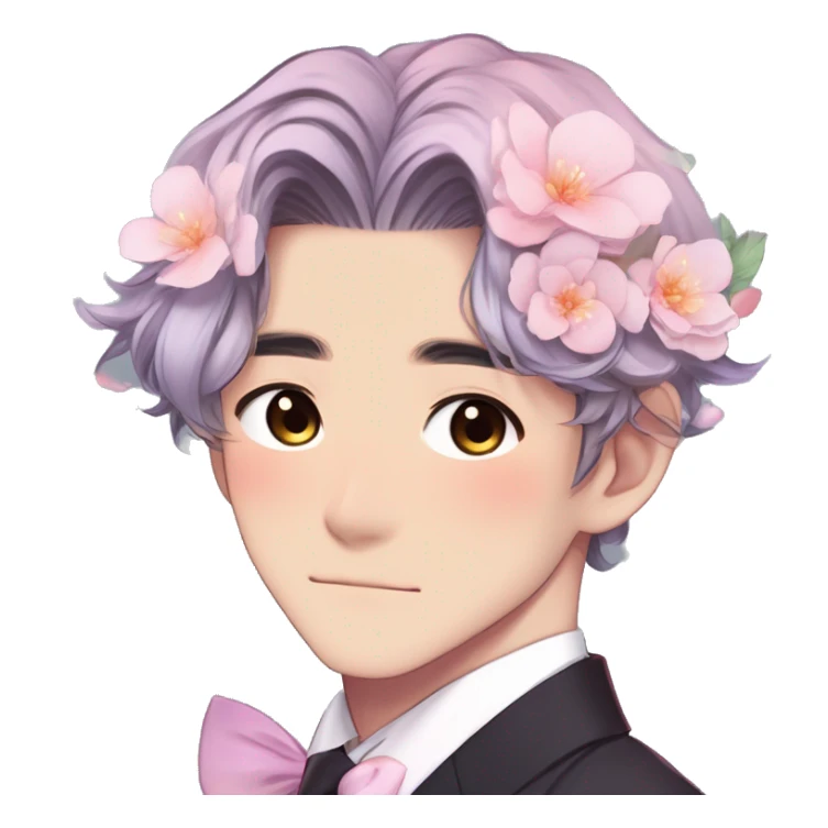 Gorgeous romantic sexy attractive anime style Asian formal modern gentlemanly guy with pretty hair and flower petals and blushing face aesthetic trending style with colorful gradient colors  pastelcore cottagecore kawaiicore sticker