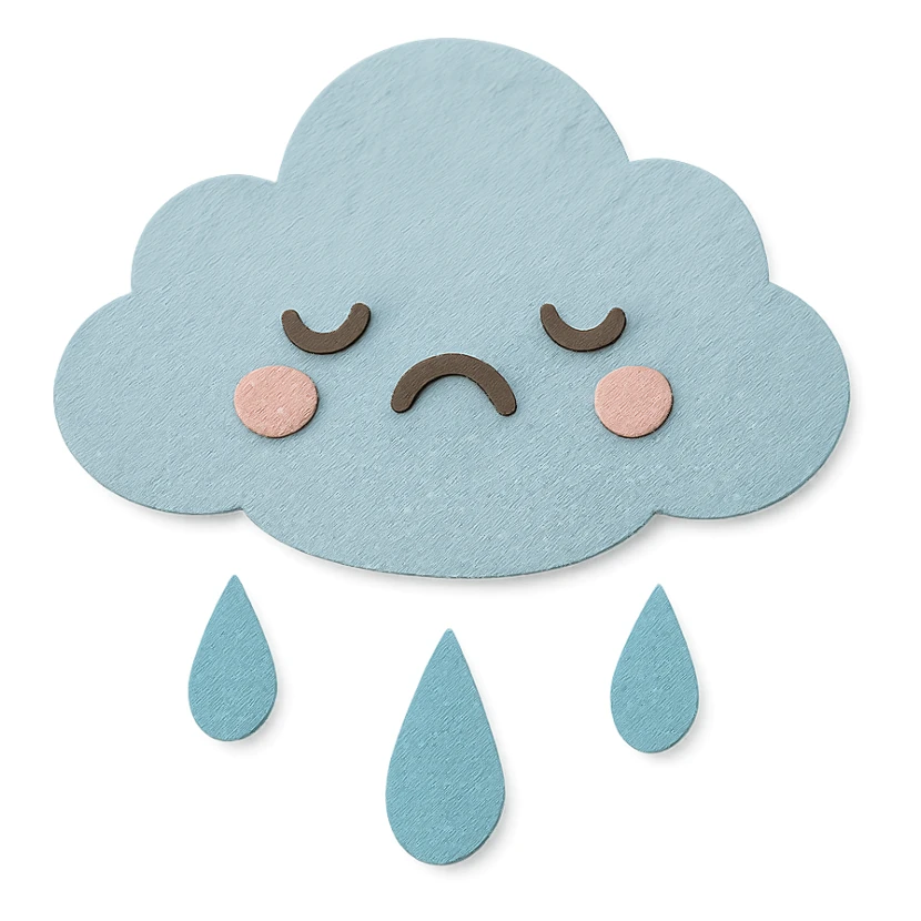 kawaii rain cloud, soft blue raindrops, sad face, soft pastel colors, no limbs, full body, paper craft style sticker