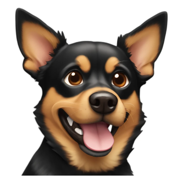 black and brown mutt dog with mostly german shephard head but larger chihuahua eyes with large overbite with left upper sharp canine tooth crooked sticking out of closed mouth sticker