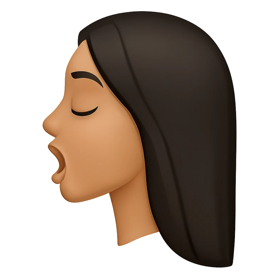 Create a side view (profile) of this woman's head in the normal iPhone emoji style, with closed eyes and an open mouth, smooth shading, no outlines, and long dark hair. This is variant 1. The style should closely resemble the iPhone emoji style with smooth shading and no outlines. sticker