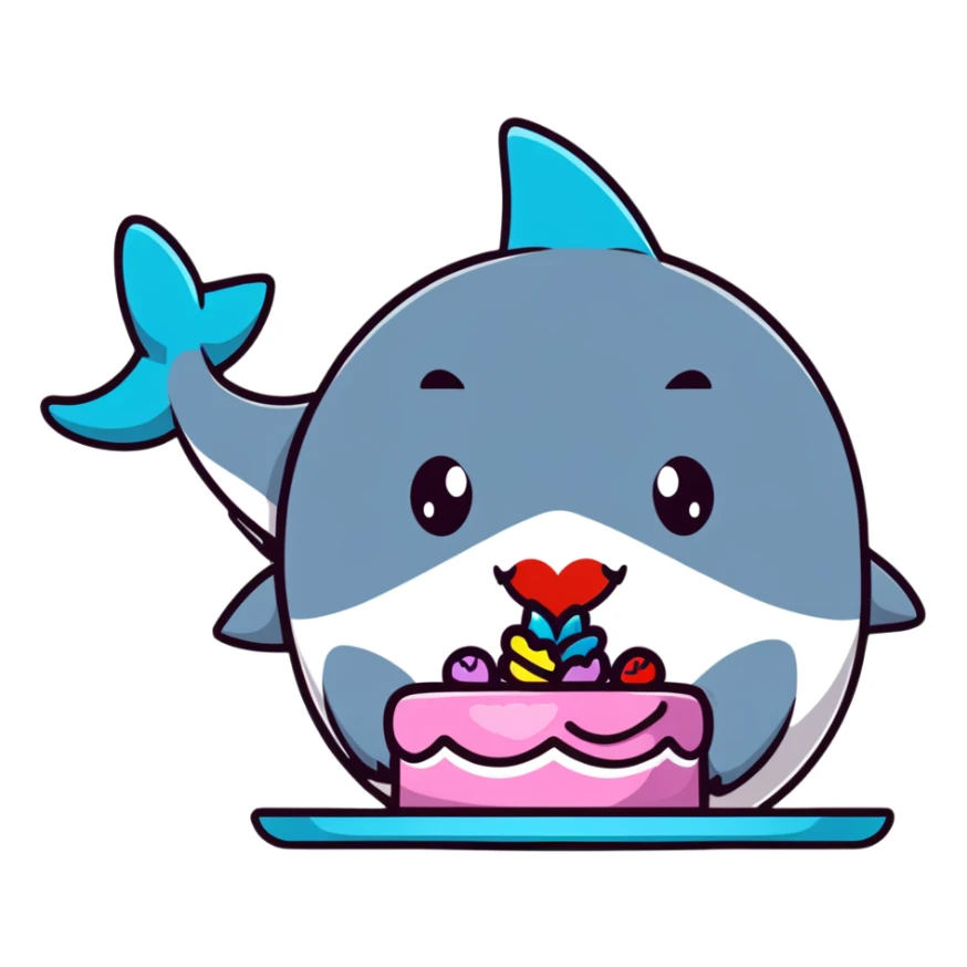 friendly shark with puckered lips kissing a decorated cake sticker