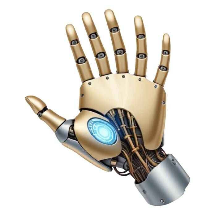 An icon inspired by Da Vinci’s 'The Creation of Adam', featuring a robotic hand reaching out to touch a human hand, symbolizing artificial intelligence. The design includes neural networks, glowing circuits, and a holographic brain. Transparent background sticker