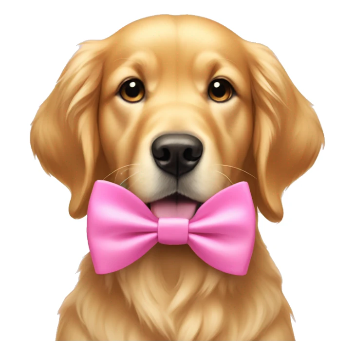 Golden retriever wearing a pink bow on his ear and a pink bow tie sticker